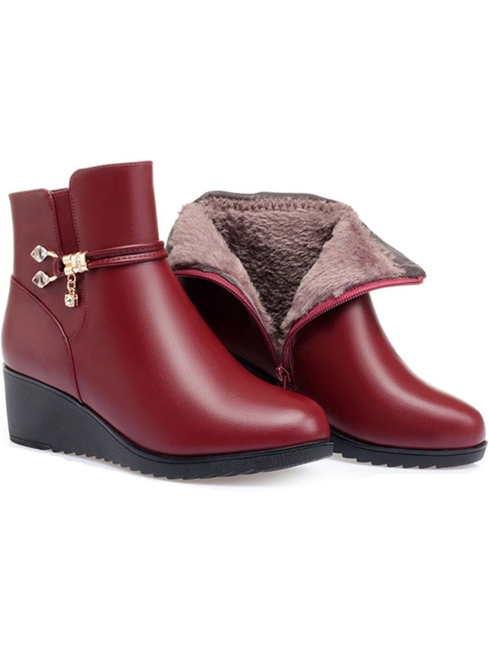 Women's Red A Wedge Heel Ankle Booties Leather Platform Sparkling Rhinestones